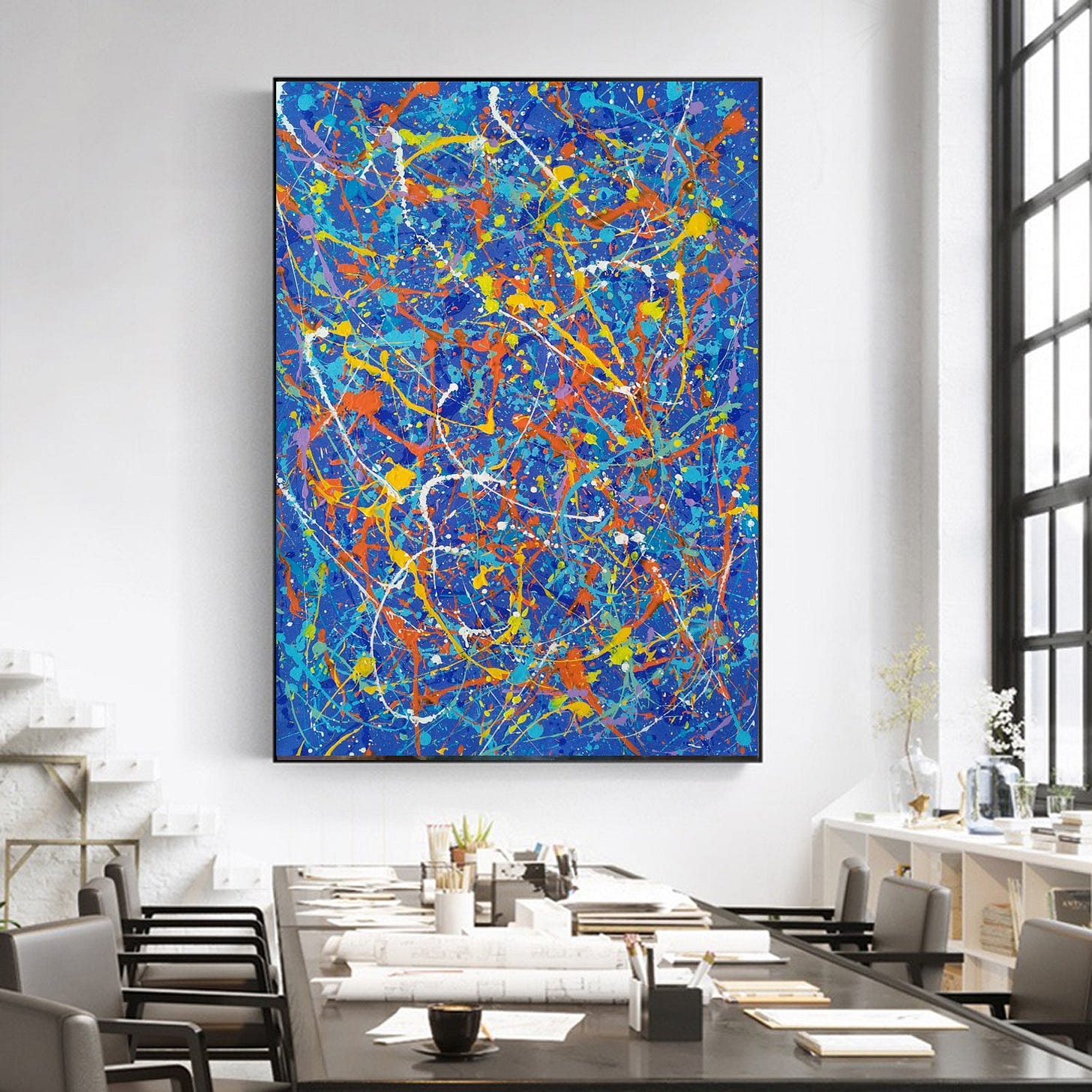 Blue splatter paint artist, abstract art L603 – LargeArtCanvas