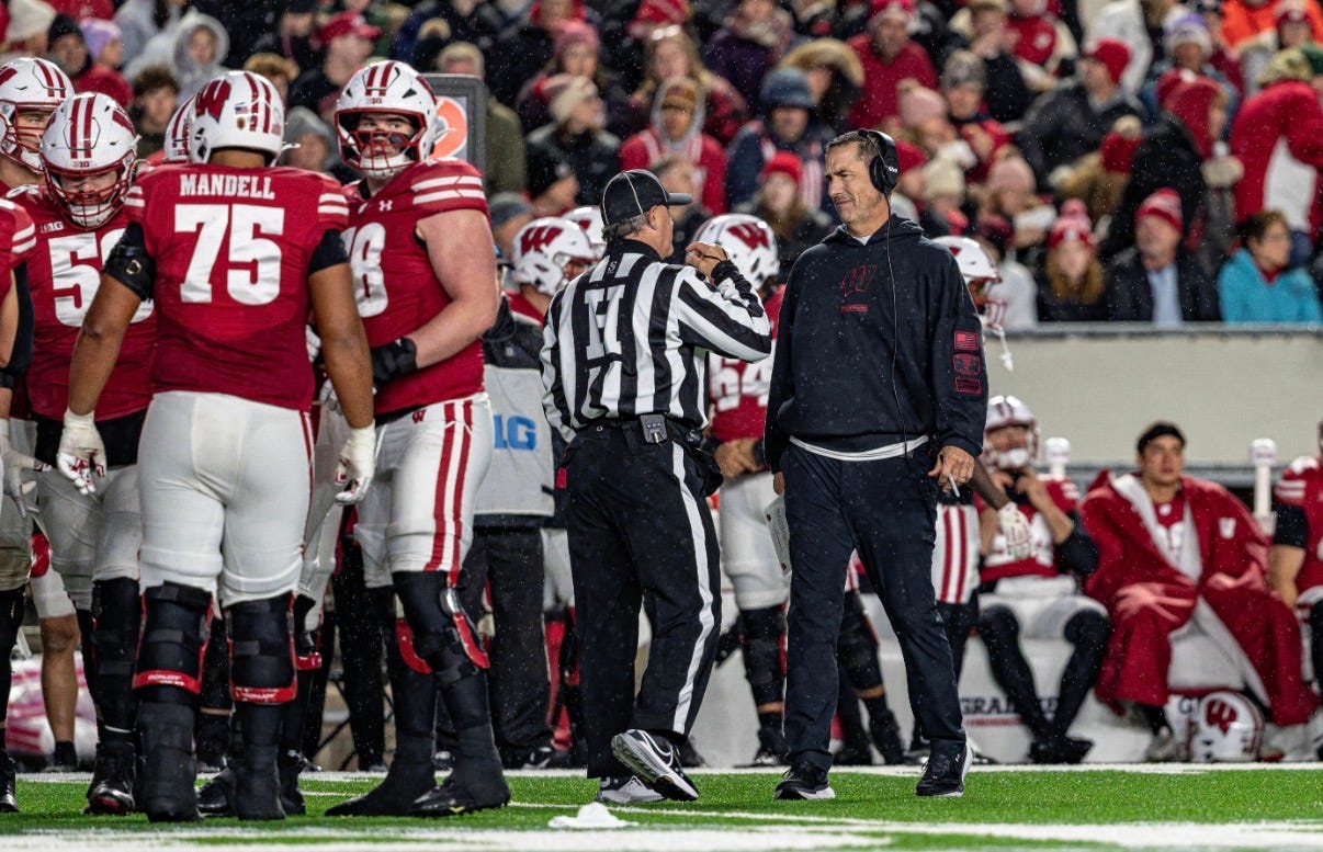 Wisconsin Badgers head coach Luke Fickell scoffs at an official during a game. Photo credit: Ross Harried. Wisconsin Badgers head coach Luke Fickell scoffs at an official during a game. Photo credit: Ross Harried.