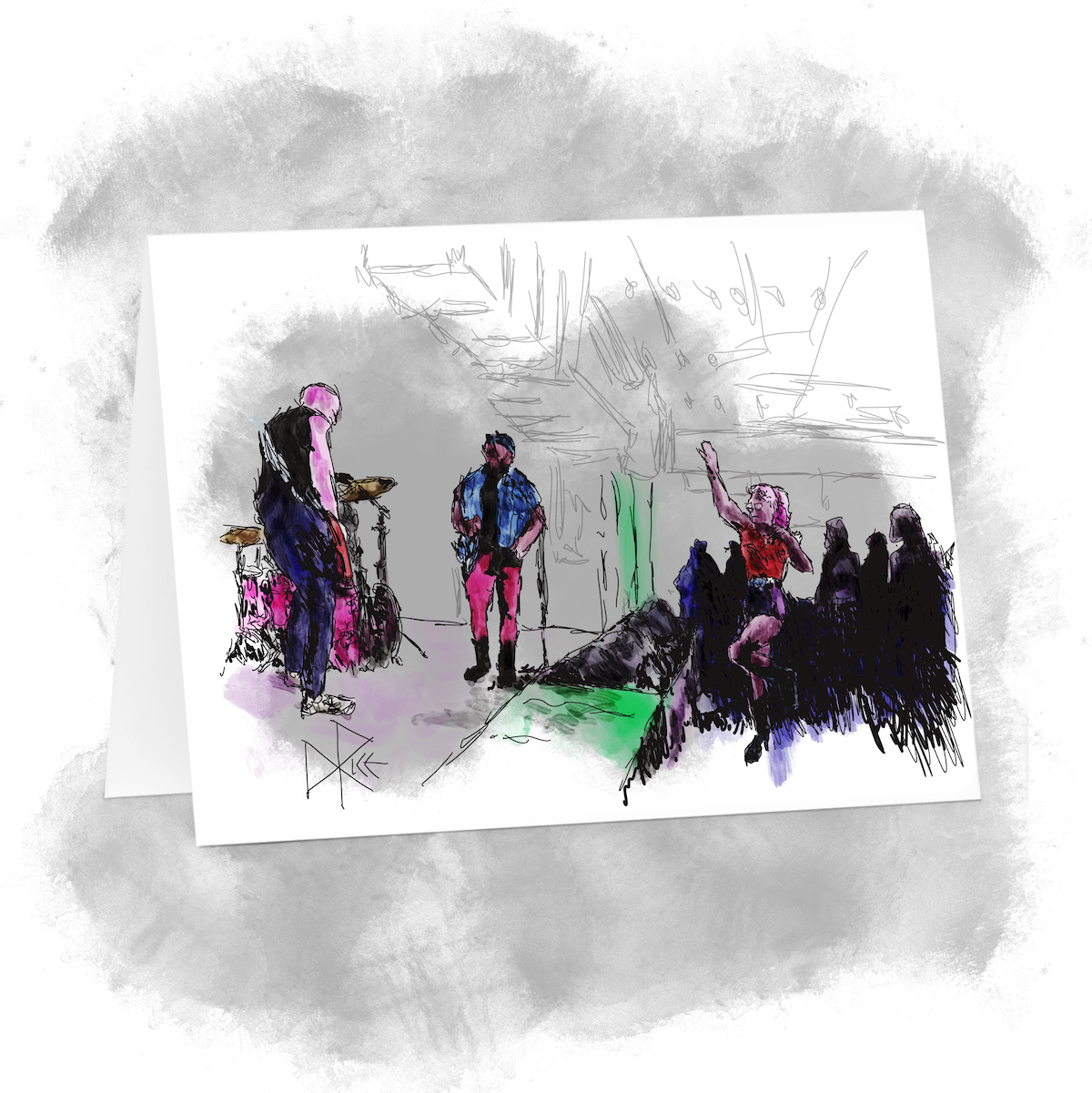 As a punk band plays on a raised stage, the crowd dances or stands and sways in appreciation. Sketch art by Don Rice.