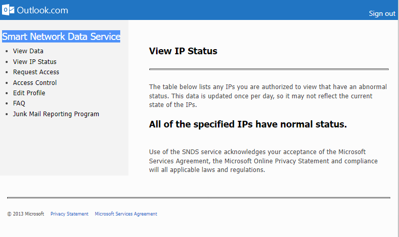 Microsoft's Smart Network Data Service Shows our IP addresses are not suspected of sending spam