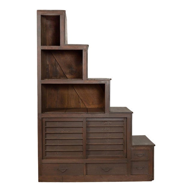 Japanese Taishō Period Staircase Tansu Cabinet with Sliding Doors and Drawers For Sale
