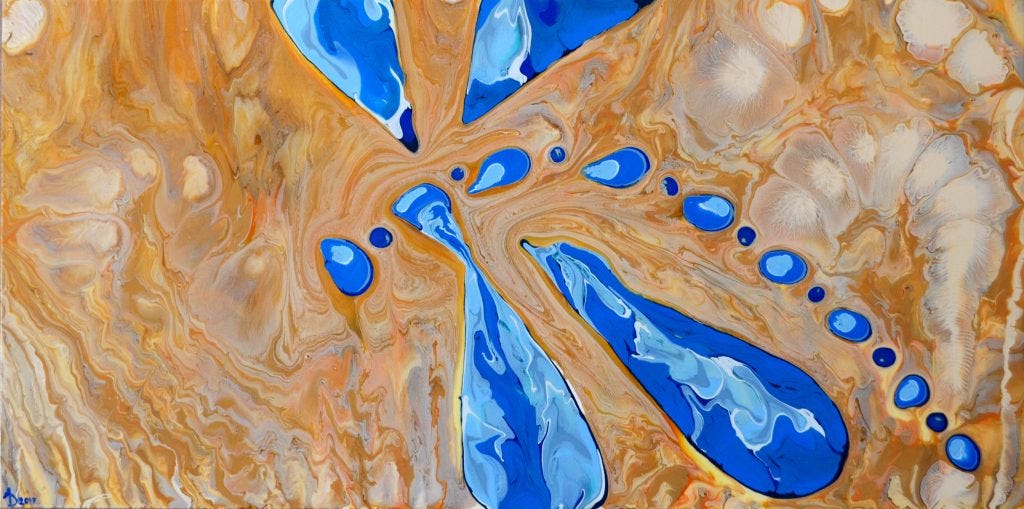 Original Artwork by Anna Loscotoff. Blue painted dragonfly on and orange background.