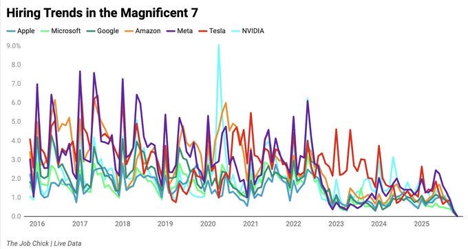 Line graph titled Hiring Trends in the Magnificent Seven showing percentage changes over years 2016 to 2025 for companies Google Microsoft Amazon Meta Tesla NVIDIA and Apple with colored lines fluctuating and declining notably from 2022 onward on a time axis.