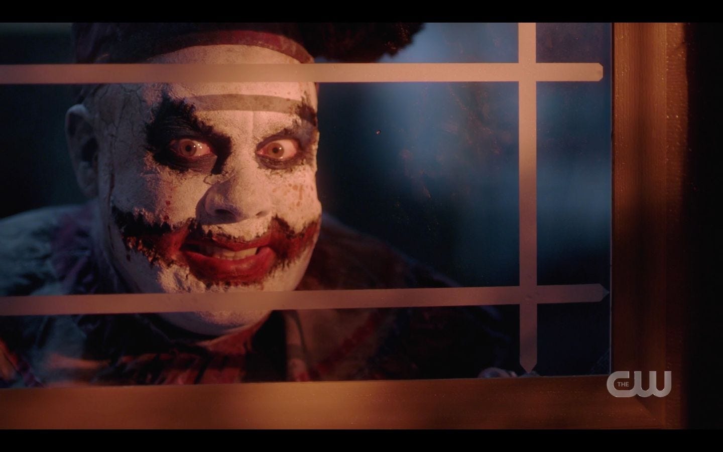 Creepy clown Belphigor looking out window at Sam Winchester SPN 1501 Creepy clown Belphigor looking out window at Sam Winchester SPN 1501