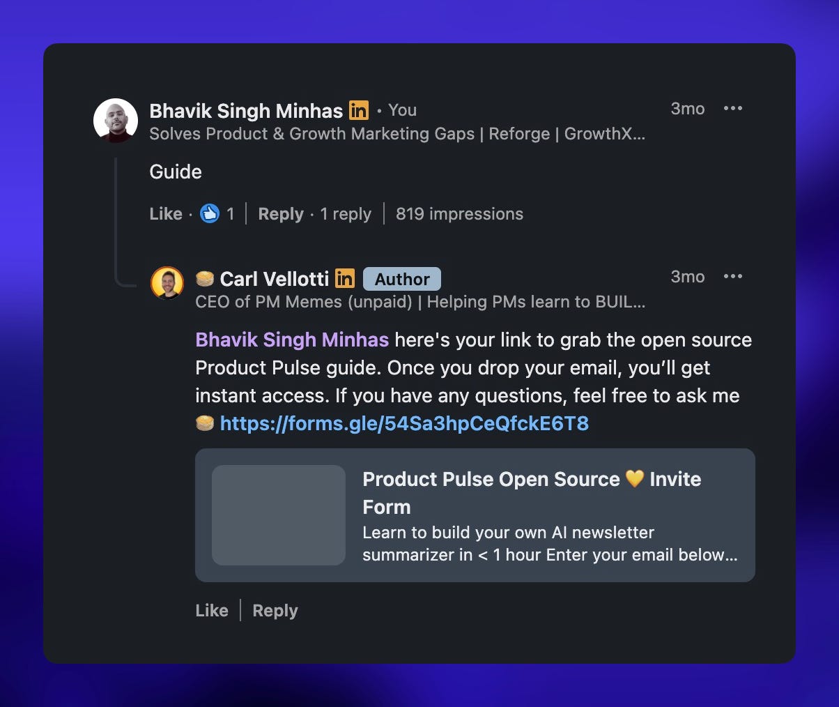 reply to the LinkedIn comment