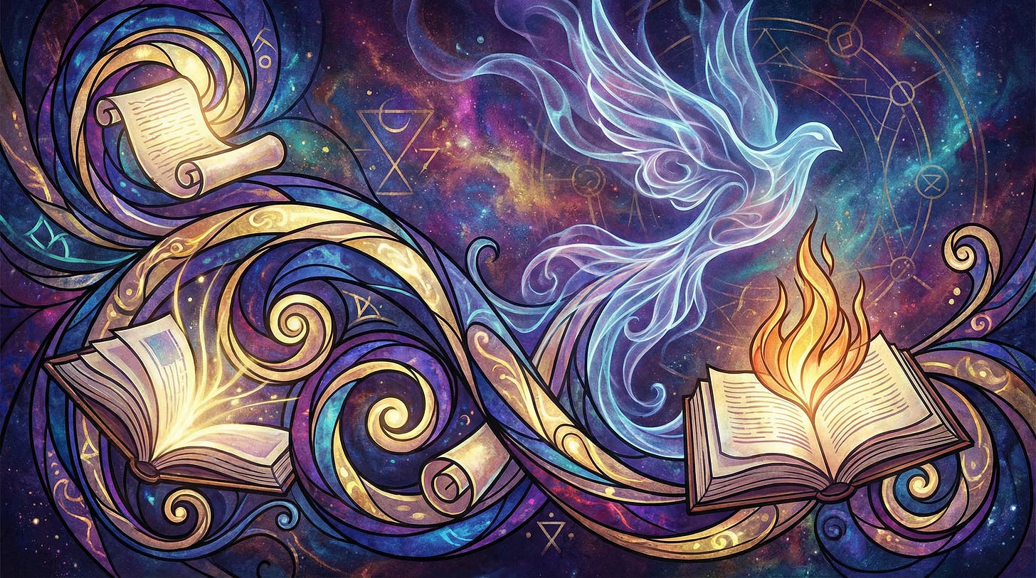 AI-generated illustration of an open Bible, a scroll, abstract shapes and symbols around a ethereal flowing dove, symbolizing the personal experience of Bible study.