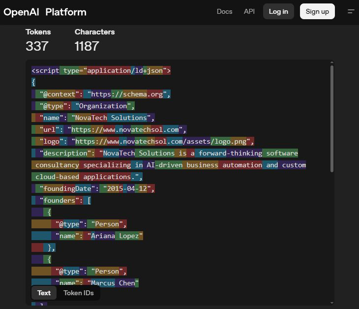 A screenshot of the OpenAI Platform Tokenizer tool on a dark interface, showing how a JSON-LD structured data script is broken down into individual tokens. At the top left, the counter displays "Tokens: 337" and "Characters: 1187". The code block below contains a script tag with type application/ld+json detailing an Organization schema for "NovaTech Solutions", with individual text chunks highlighted in alternating background colors to represent tokenization.