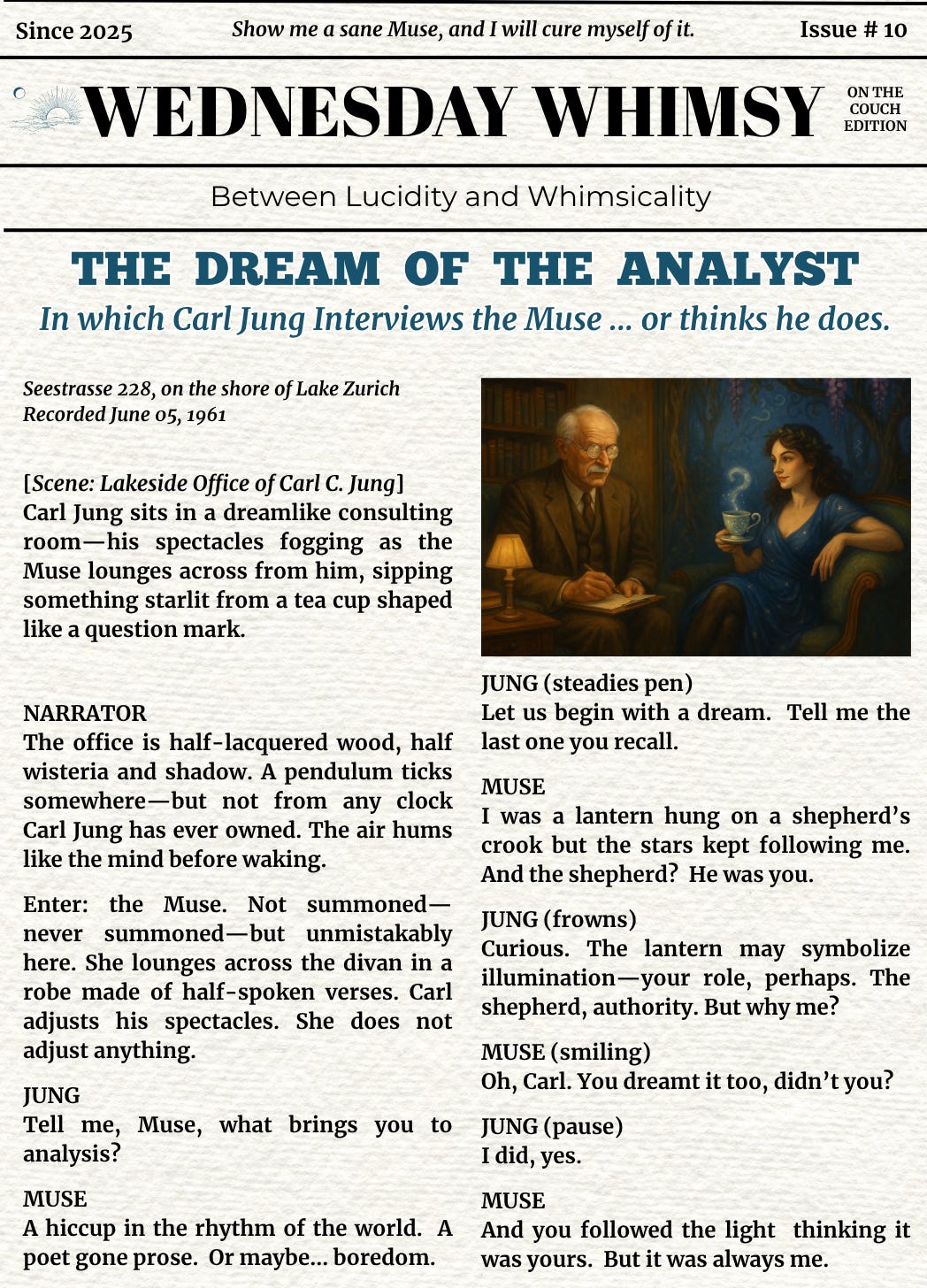 A faux nesspaper imprint featuring surreal imagery, symbolic dialogue, and archetypal mischief.  A dreamlike painting of Carl Jung seated in a half-Swiss, half-mythical consulting room. He sits in a brown suit, notebook in hand, while the Muse lounges across from him in a deep blue robe dotted with stars. She holds a steaming teacup shaped like a question mark, with a background blending bookshelves and a mystical forest with purple wisteria.