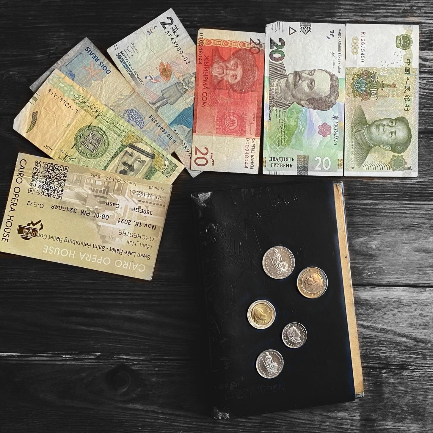 worldwide currency bills and coins and ballet ticket worldwide currency bills and coins and ballet ticket