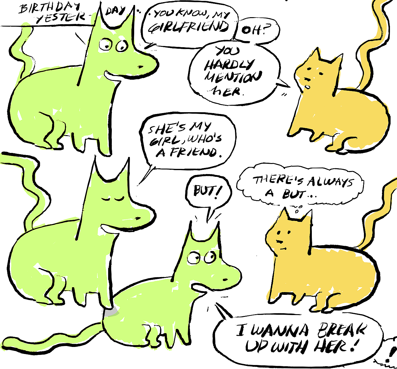 Comic strip featuring two anthropomorphic cats in a mirrored dialogue. Each panel shows one cat speaking, followed by the other repeating or responding. The conversation builds from “She’s my girl, who’s a friend” to “But!” and “There’s always a but…” ending with “I wanna break up with her!” The comic uses repetition and pacing to explore emotional tension and relational clarity.