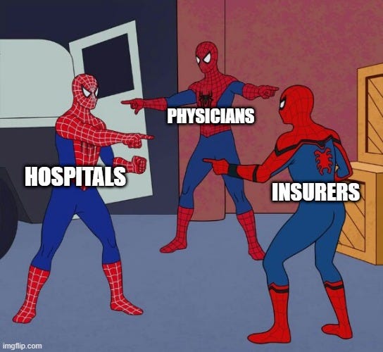 Spider Man Triple | PHYSICIANS; HOSPITALS; INSURERS | image tagged in spider man triple | made w/ Imgflip meme maker