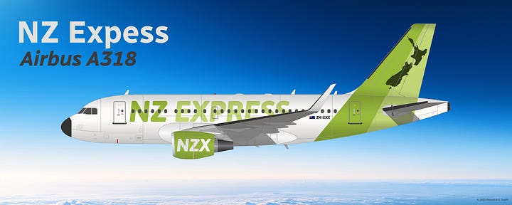 The four current aircraft types departing the NZ Express fleet by 2027: (1) Airbus A318, (2) Airbus A319ceo, (3) ATR 42, and (4) ATR 72 - all seen in the current NZ Express "Kiwi" livery and displayed in side view while in midflight.