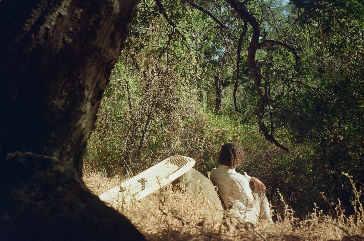 A photo of Muco, a folk musician. He is sitting against a rock, facing away from the camera. A large medieval folk instrument is resting behind him. A photo of Muco, a folk musician. He is sitting against a rock, facing away from the camera. A large medieval folk instrument is resting behind him.