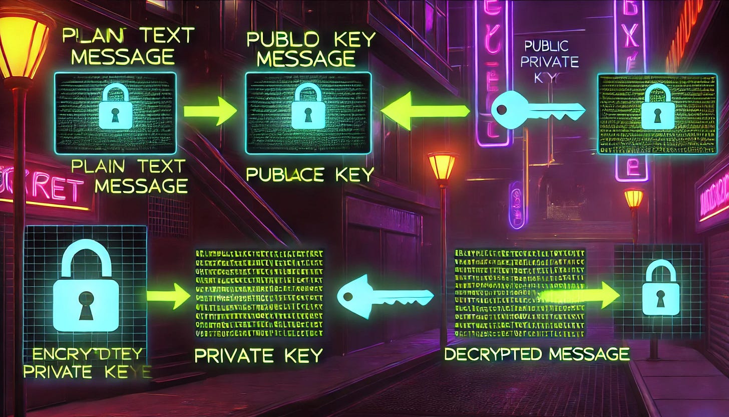 A cyberpunk/hacker style illustration clearly showing the process of public and private key encryption and decryption. Start with a plain text message on the left, indicated by a holographic screen with readable text. Next to it, show a public key symbol and an arrow pointing to the right towards an encrypted message, depicted as a glowing, unreadable digital stream. Continue with another arrow pointing to a private key symbol, and finally, an arrow pointing to a decrypted message on another holographic screen with readable text on the right. The background should be a futuristic cityscape with neon lights, dark alleys, and vibrant colors, creating a high-tech, gritty atmosphere.