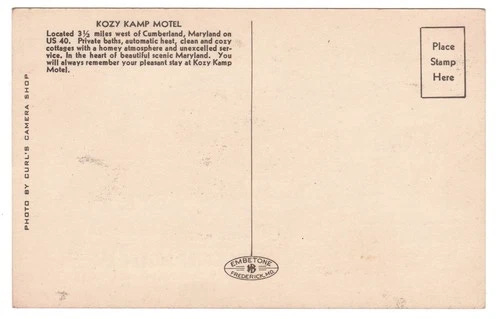Kozy Kamp Motel Cumberland Maryland US Route 40 Postcard - Picture 2 of 2