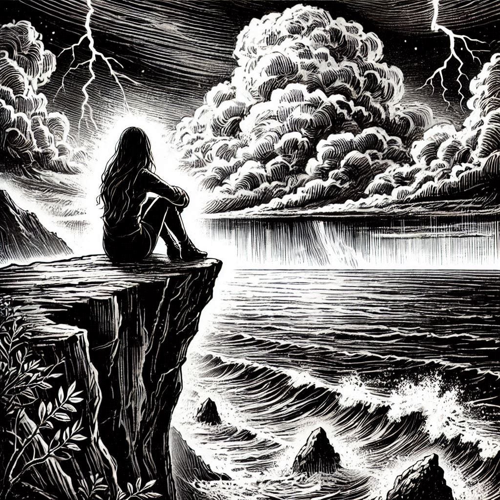 A black and white drawing of a female figure, sitting on the edge of a cliff, looking out to sea, where there's a storm raging