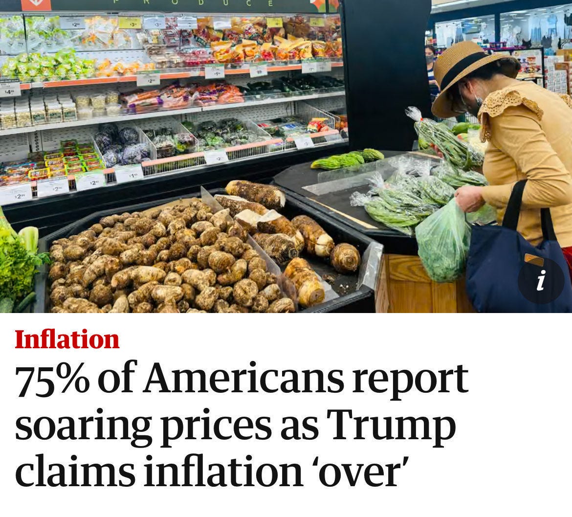 Grocery store interior with shelves stocked with packaged goods and fresh produce including bins of potatoes and bundles of greens. A woman wearing a wide-brimmed hat and beige ruffled top stands examining vegetables while holding a green plastic bag and a blue reusable bag. Overlaid headline text states Inflation report 75% of Americans report rising prices as Trump claims inflation over.