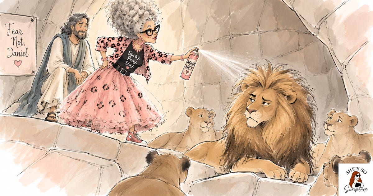 illustration of Miss Patty the Sunday School teacher in the lion's den with Daniel and she is spraying a lion's mane with Aqua Net