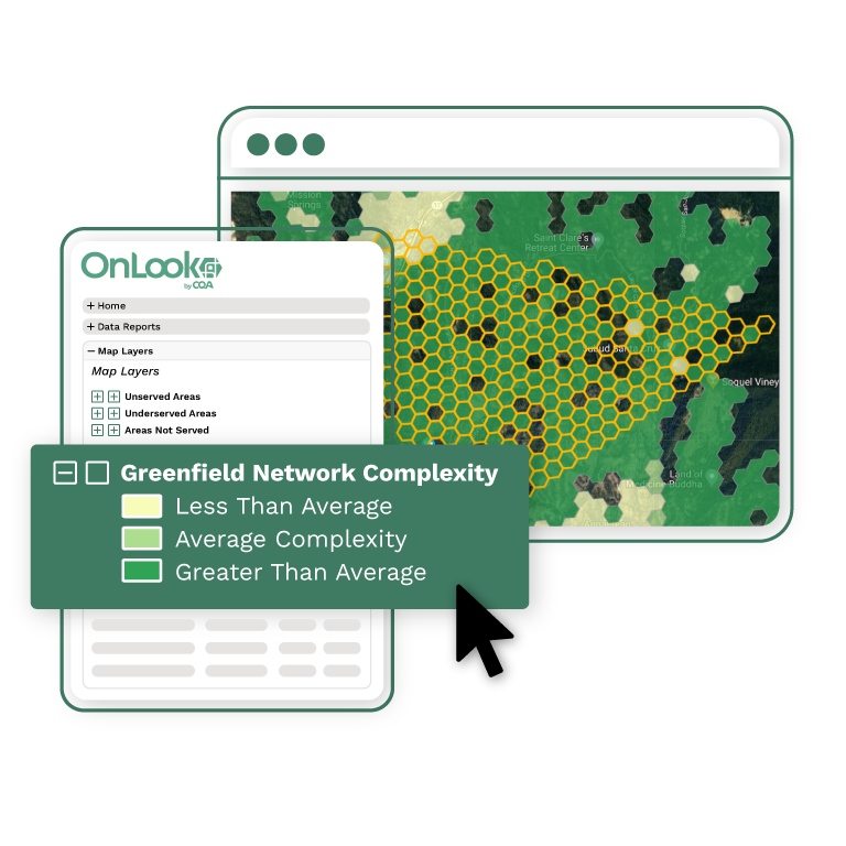 An example of the Greenfield Network Complexity data and capabilities in the OnLook GIS Analytics app