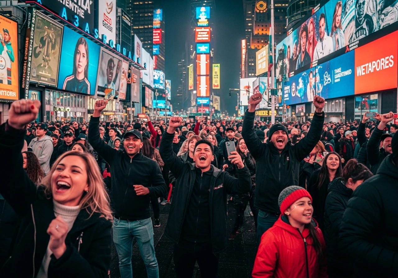 People celebrating in the streets of Times Square 