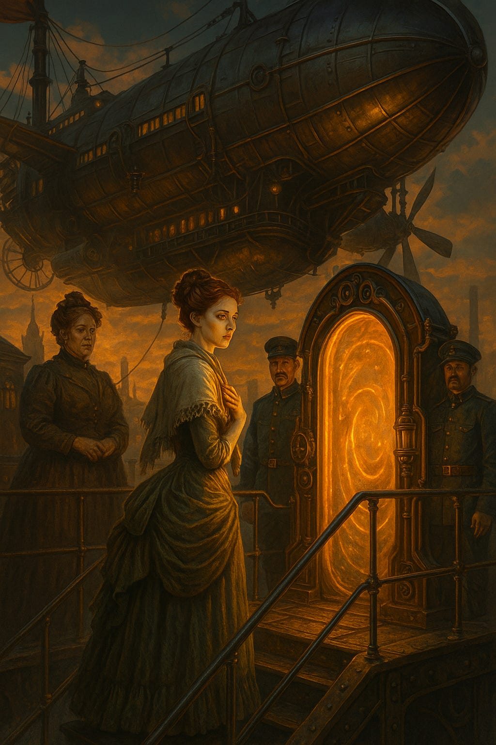 Berenice enters the airship's security device as her matron looks on