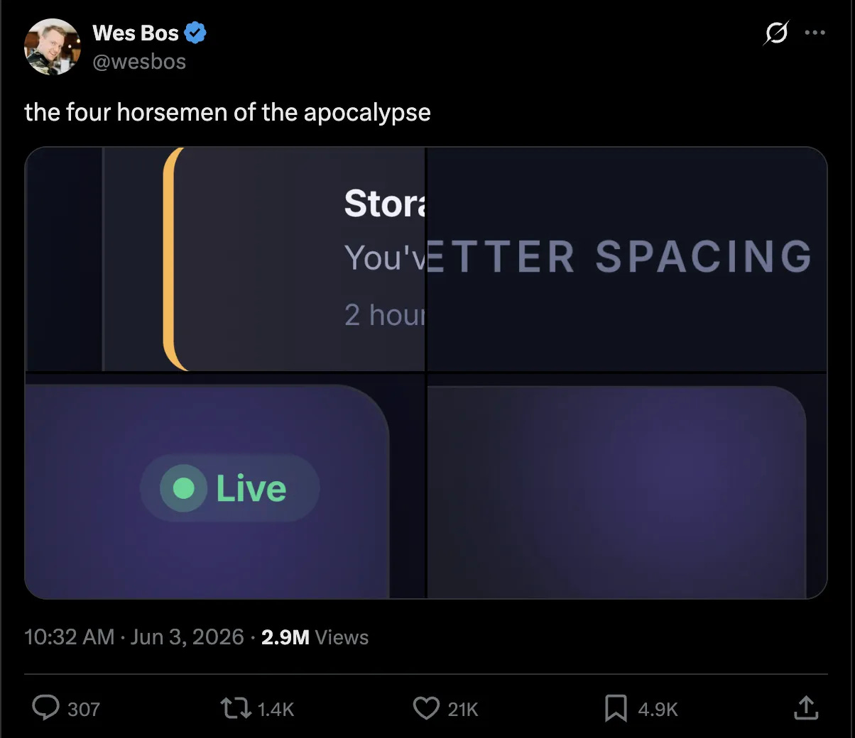 A tweet from Wes Bos that says 'the four horsemen of the apocalypse' with 4 pictures of website UI. One is a 'fingernail' of color on the left side of a div, another is small spaced-out capital letters for labels, the third is a series of nested circles next to the text 'live', and the fourth is a purple-black gradient