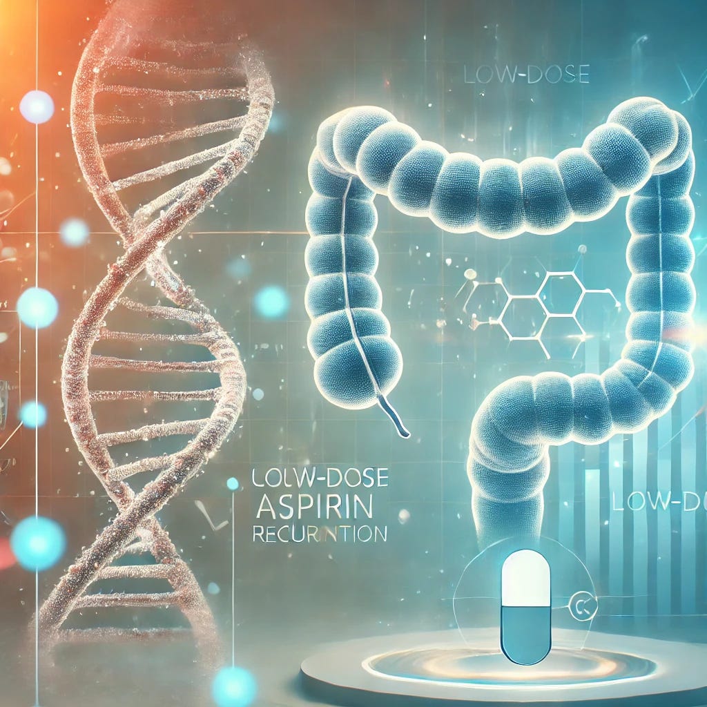 A modern, professional medical illustration depicting the positive impact of low-dose aspirin on colorectal cancer recurrence reduction. The image features a stylized DNA strand representing genetic research, alongside a simplified human colon graphic. A subtle overlay of a pill icon symbolizes aspirin's role in treatment. The background conveys an innovative and hopeful tone with soft, clean gradients, ensuring an approachable and visually engaging style.
