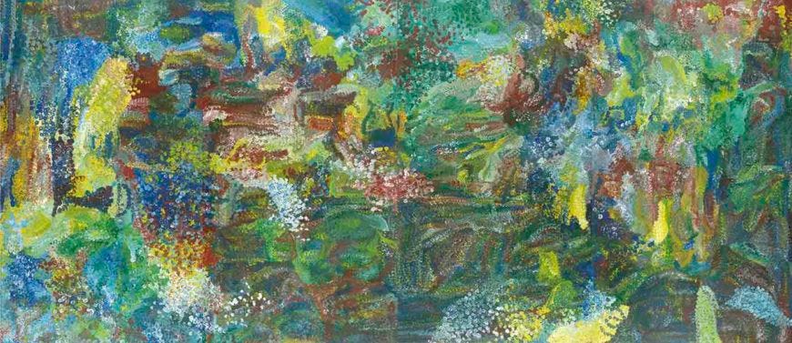 Emily Kame Kngwarreye, Earth’s Creation, 1994, synthetic polymer paint on linen mounted on canvas, four panels, each 275 x 160 cm (Collection of Mbantua Gallery, Alice Springs; photo: National Museum of Australia) © Emily Kame Kngwarreye