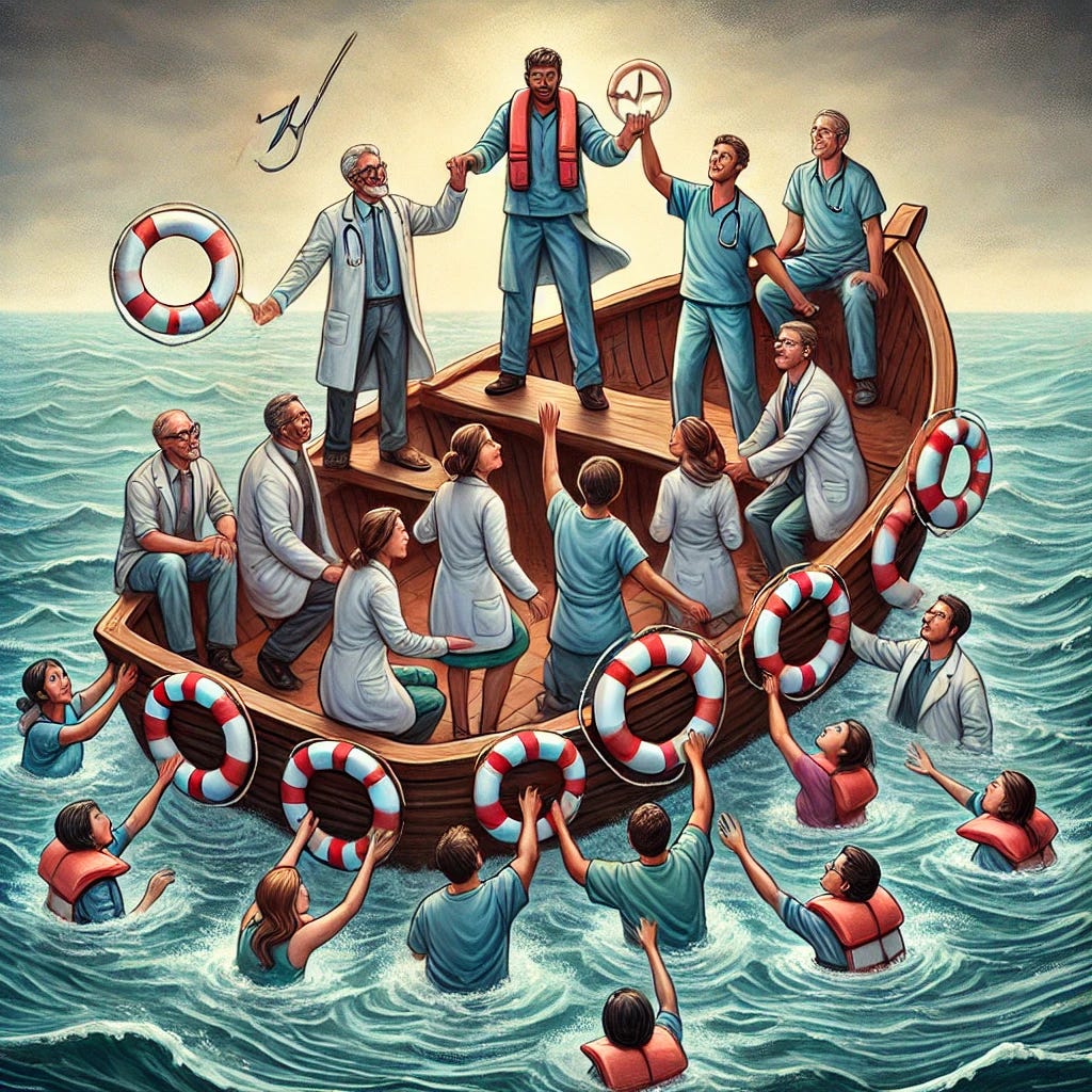 A symbolic illustration of a 'learning boat' filled with experienced clinicians, mentors, and educators, throwing life savers out to young clinicians struggling in the water. The young clinicians are reaching for the life rings, representing knowledge, guidance, and support. The boat is sturdy and welcoming, with elements like medical books, stethoscopes, or charts subtly integrated. The water is turbulent but not hopeless, emphasizing that with the right help, they can climb aboard and continue their journey. The style is semi-realistic with a motivational and supportive tone.