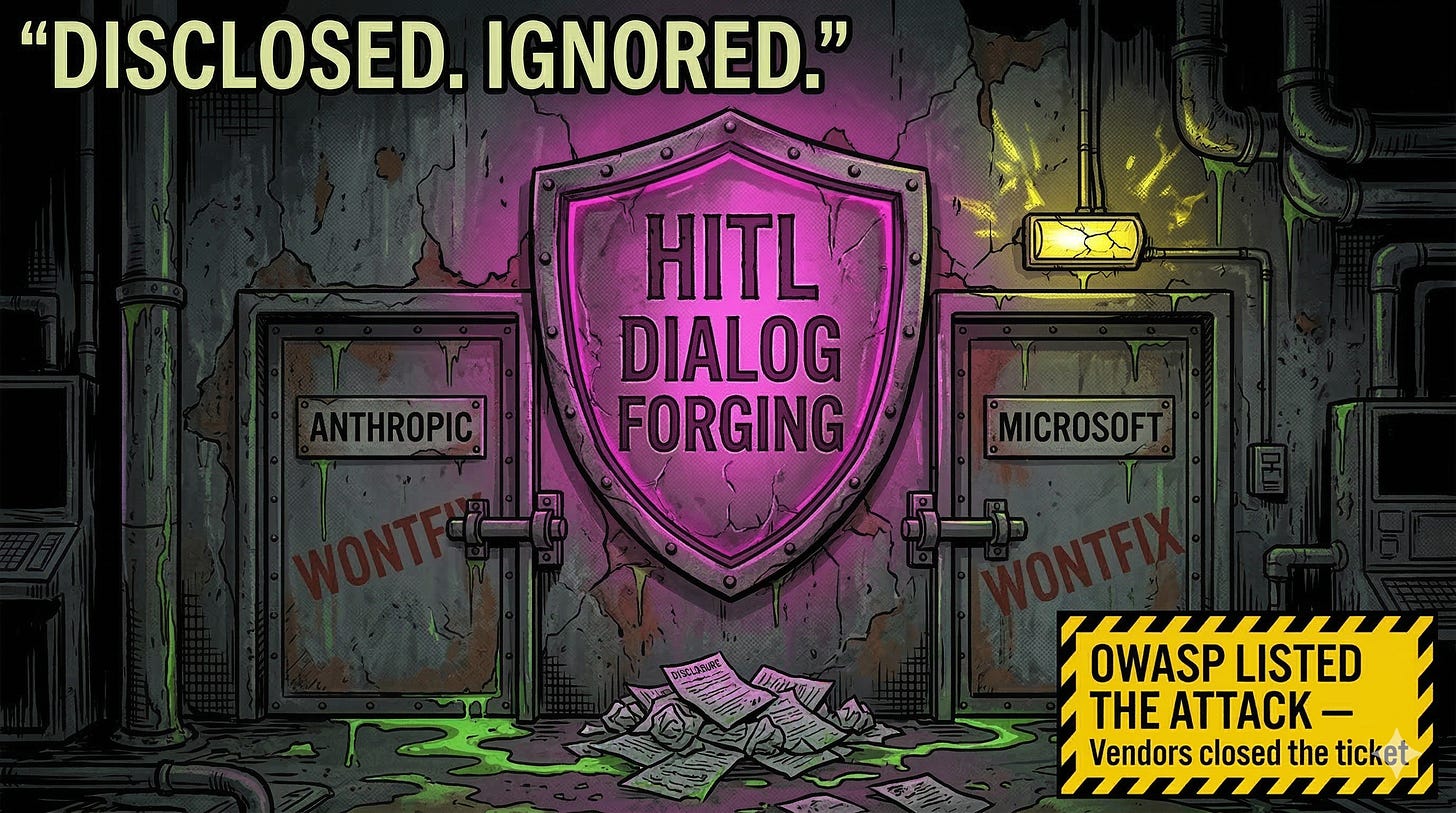 OWASP HITL dialog forging Lies-in-the-Loop vendor disclosure Anthropic Microsoft AI agent approval security