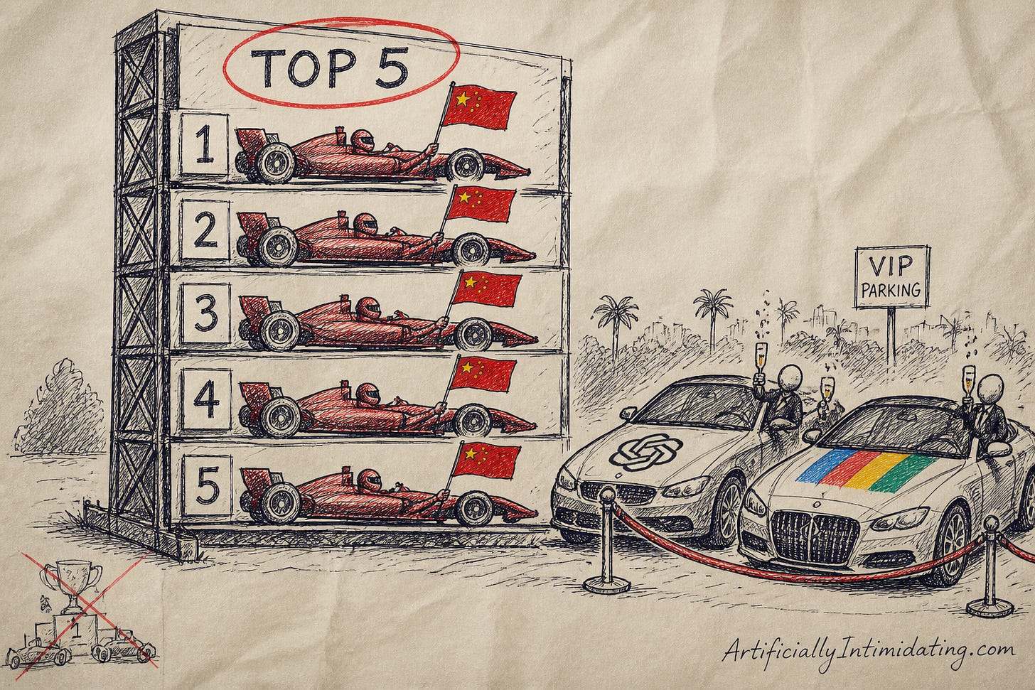 Editorial cartoon: a TOP 5 leaderboard filled entirely by red race cars flying Chinese flags while OpenAI- and Google-branded luxury cars sit idle in VIP parking