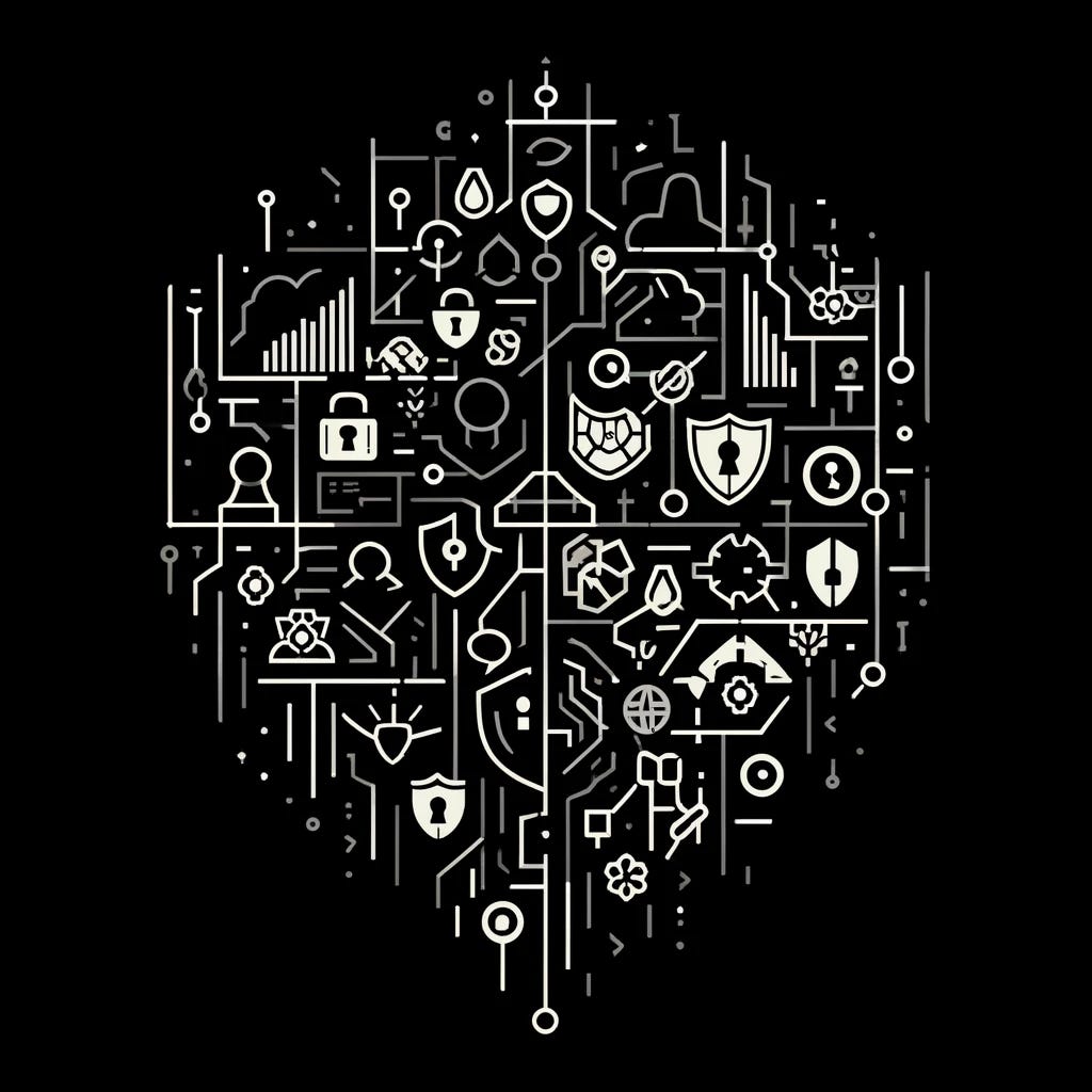 A minimalist, black and white illustration representing the mosaic effect in cyber security. The image features thin lines and a dark theme. It shows a fragmented mosaic pattern where each piece represents different aspects of cyber security, such as locks, shields, network symbols, and human figures. These pieces are interconnected, symbolizing the comprehensive and interconnected nature of cyber security defenses. The background is mostly black, and the mosaic pieces are outlined in white, creating a stark contrast.