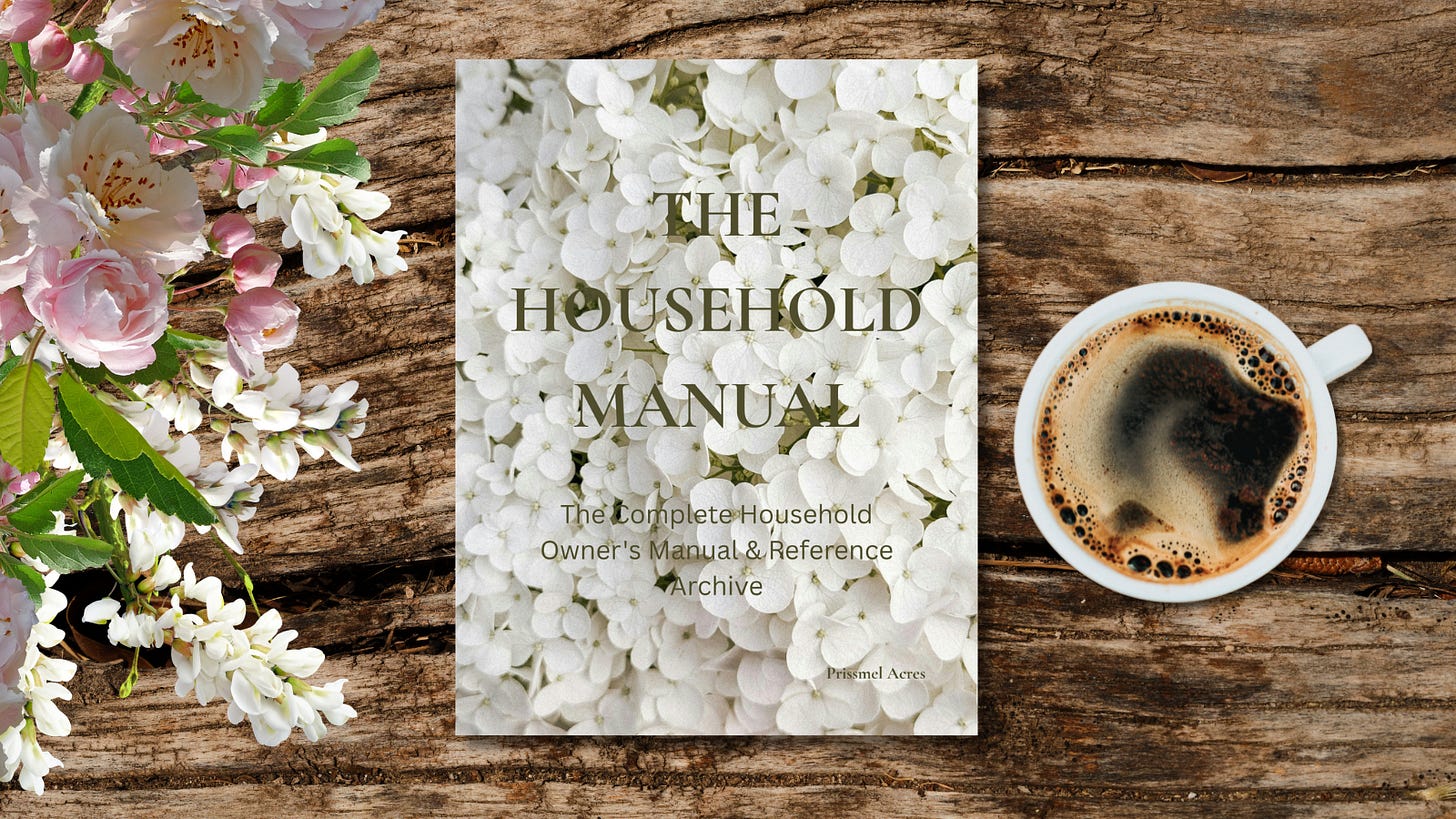 Closed Household Manual resting on a rustic table beside a cup of coffee and flowers lying on the table.