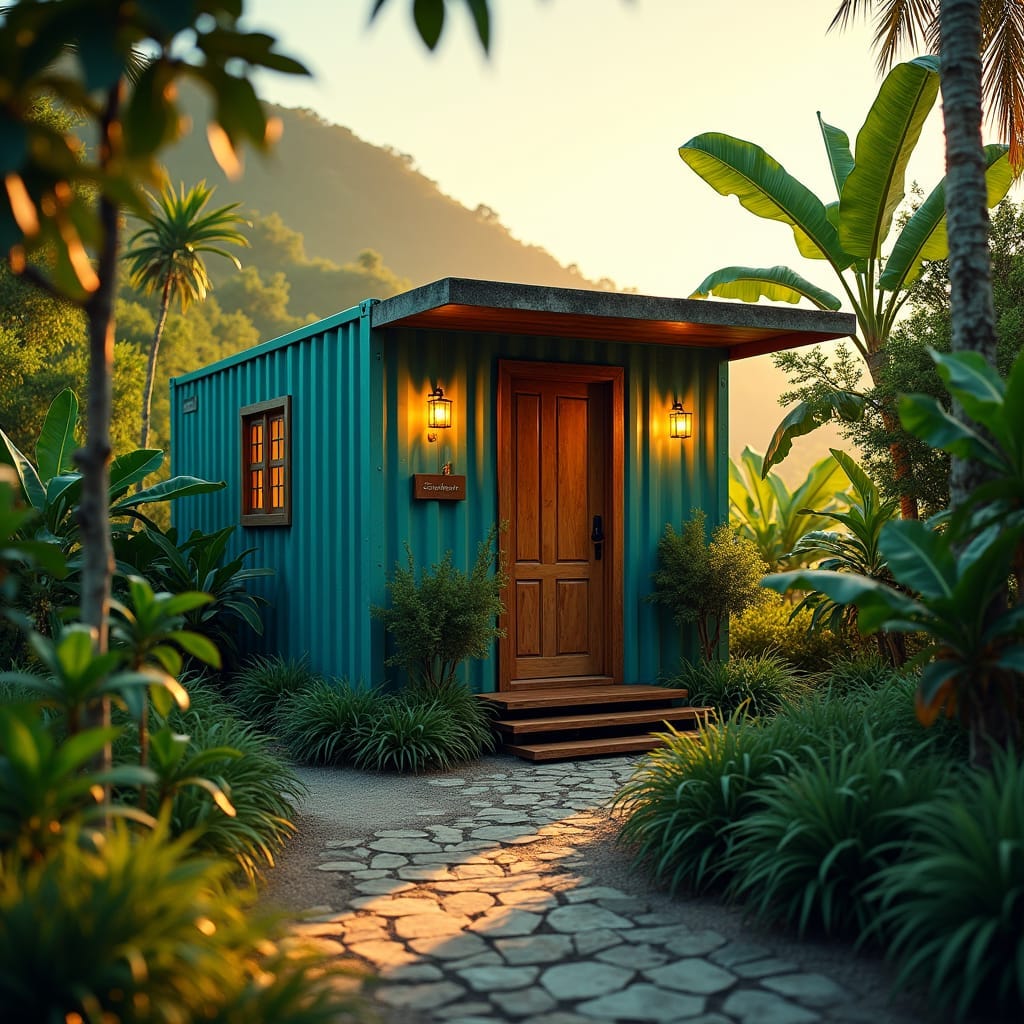 ozy one-bedroom container home nestled in a lush Jamaican landscape, surrounded by vibrant tropical foliage, warm golden light casting a serene ambiance