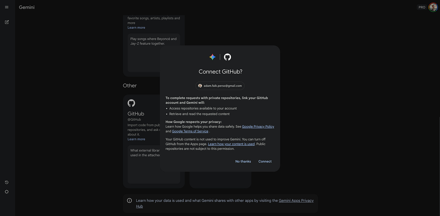 Screenshot of a modal window asking "Connect GitHub?" with a blue "Connect" button at the bottom right.
