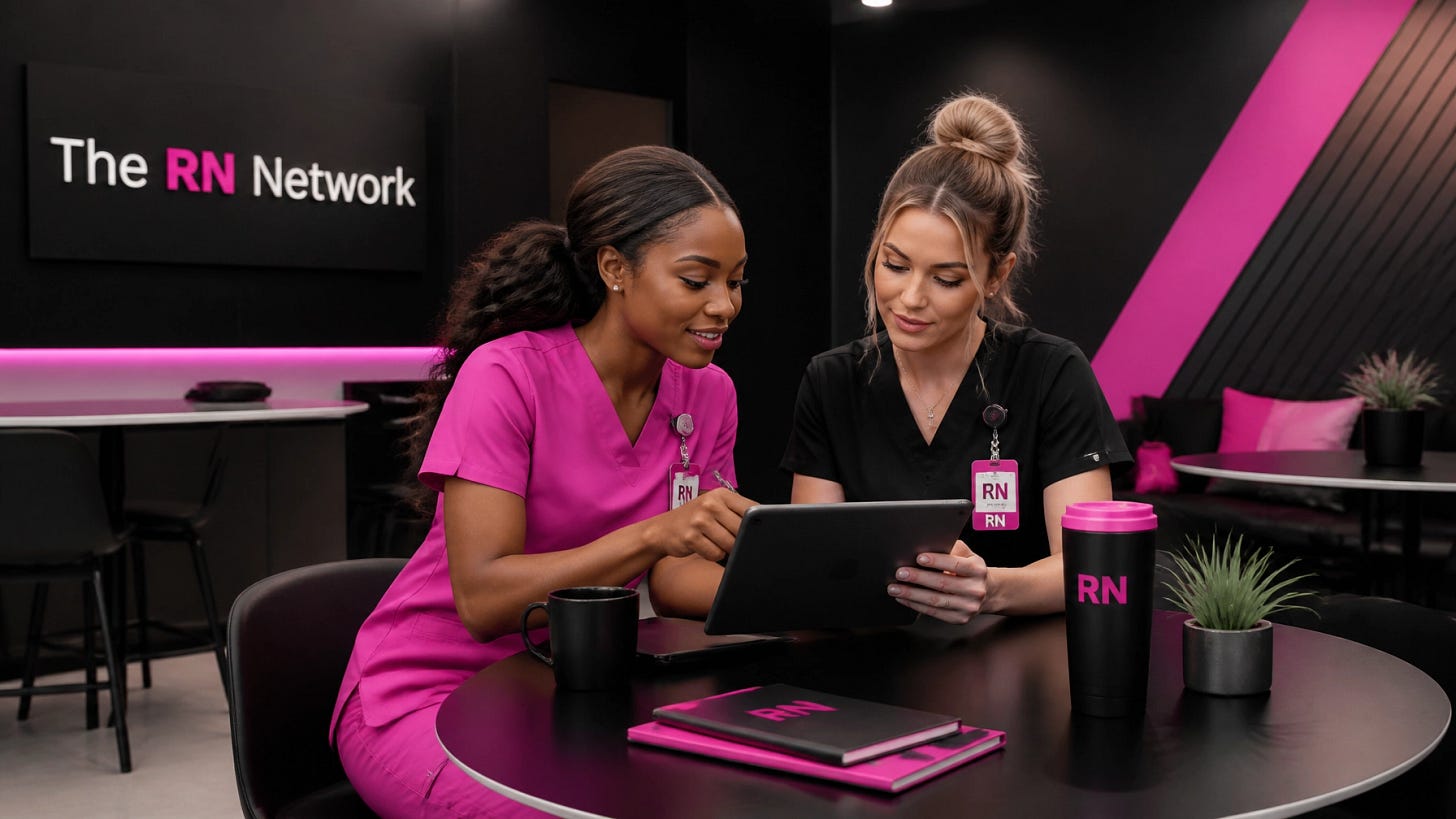 Two real human nurses in pink and neutral scrubs reviewing scheduling or compensation information together with the RN Network logo on-brand Two real human nurses in pink and neutral scrubs reviewing scheduling or compensation information together with the RN Network logo on-brand