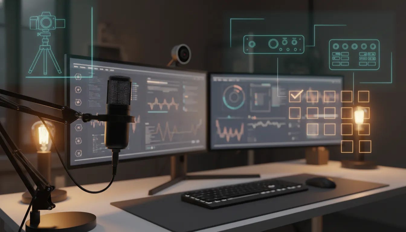 Creator’s home studio setup featuring a webcam, microphone, and dual monitors with subtle holographic overlays representing scalable multi-camera gear—no text.