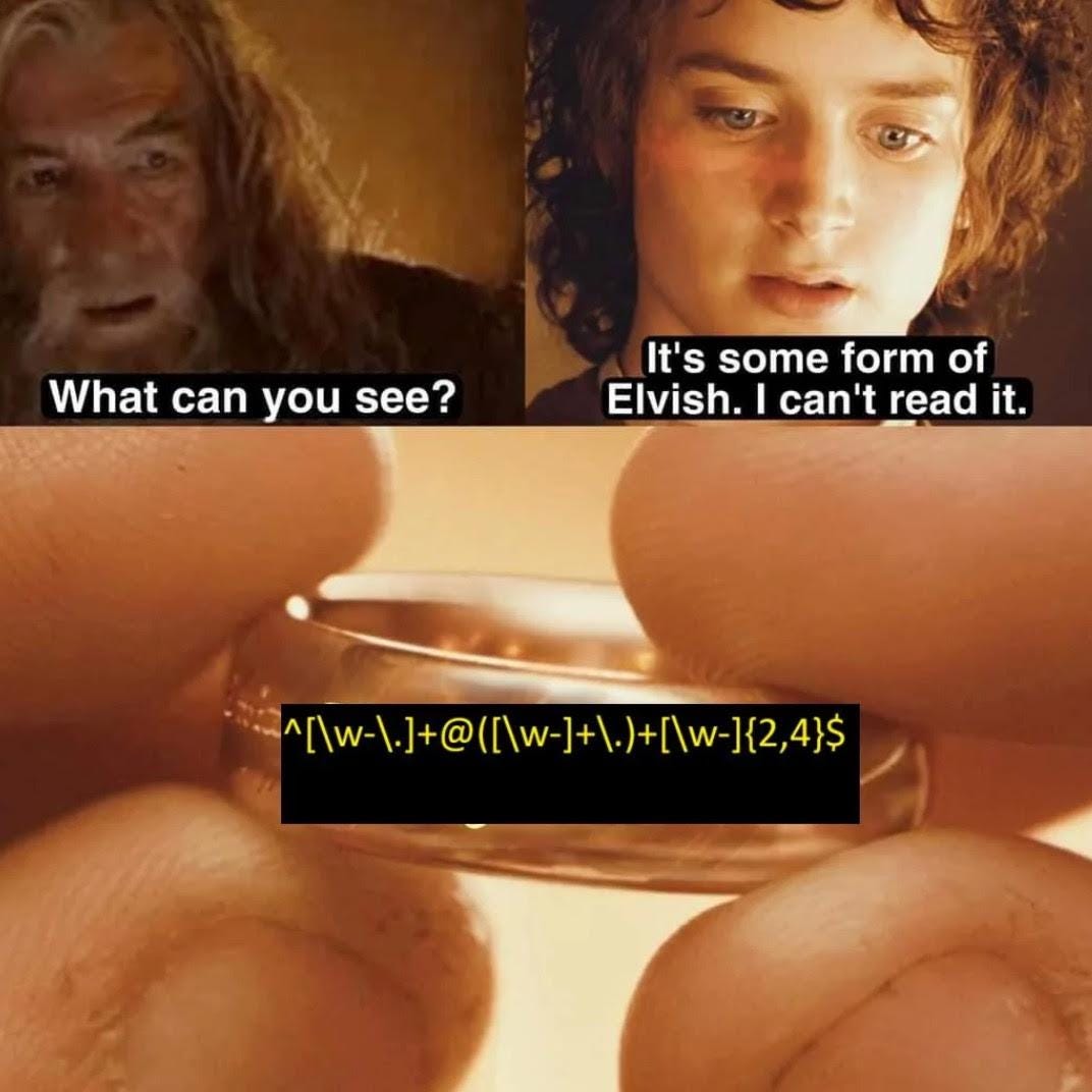 r/ProgrammerHumor - What can you see? It's some form of Elvish. I can't read it. ^[\w-\.]+@([\w-]+\.)+[\w-]{2,4}$
