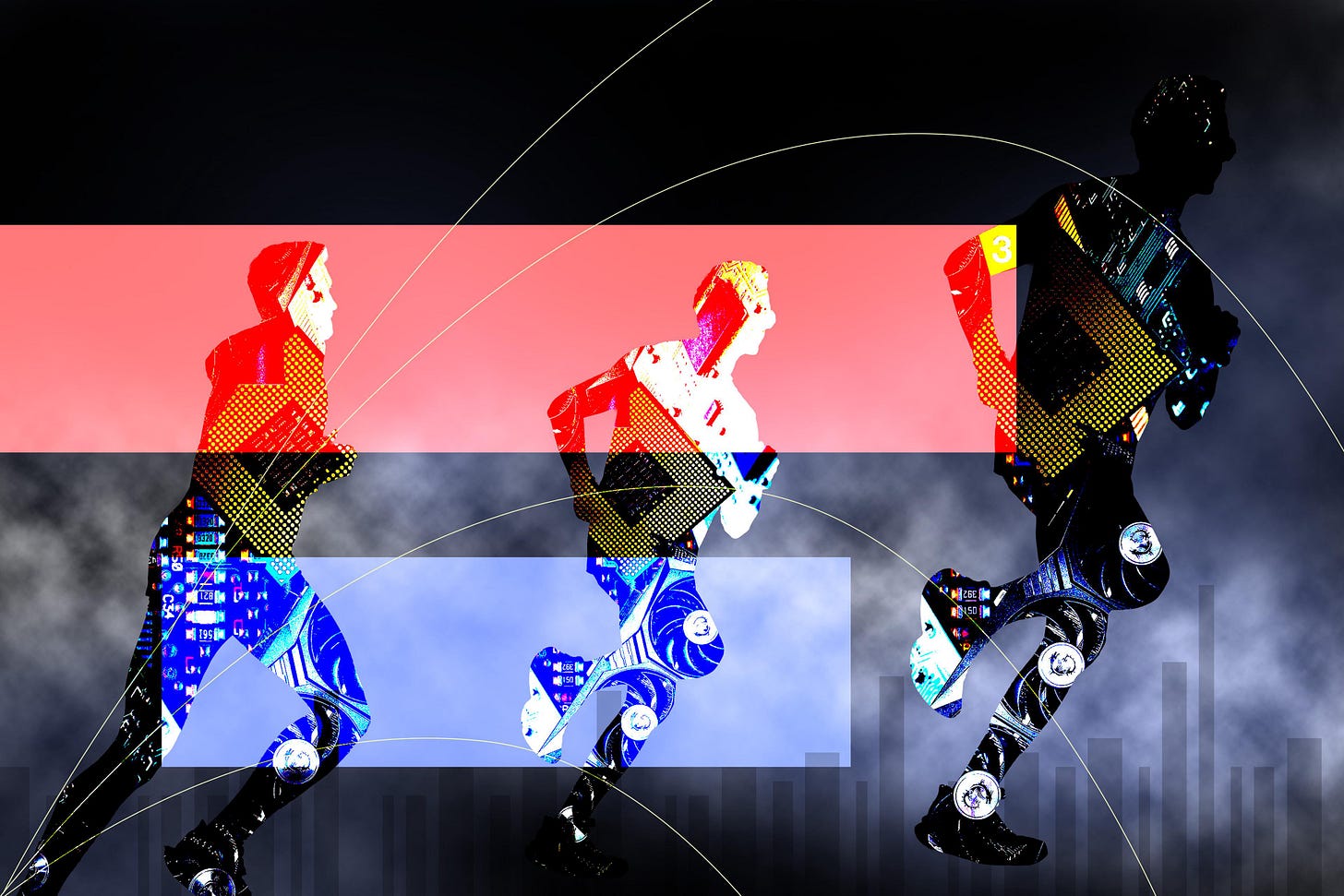 Three human silhouettes are depicted mid-stride, each comprising of a collage of hardware used to develop AI including circuit boards and CPU chips. In the background there is a black and grey gradient with smoke. Beneath the runners from the left, there are two rectangle panels which run across the image, one is red and the other is blue. 