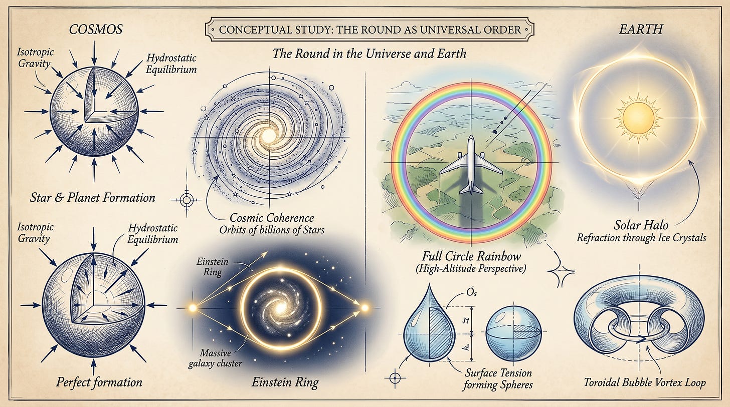 A vintage-style illustrated poster titled "Conceptual Study: The Round as Universal Order," contrasting cosmic round phenomena like planetary formation and Einstein rings with earthly examples like circular rainbows and fluid dynamics. A vintage-style illustrated poster titled "Conceptual Study: The Round as Universal Order," contrasting cosmic round phenomena like planetary formation and Einstein rings with earthly examples like circular rainbows and fluid dynamics.