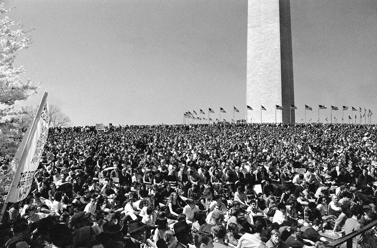 Thousands gather at the Washington Monument on April 17, 1965, for an anti-Vietnam War rally, protesting U.S. policy and demanding an end to the fighting, a burgeoning sign of public dissent. Thousands gather at the Washington Monument on April 17, 1965, for an anti-Vietnam War rally, protesting U.S. policy and demanding an end to the fighting, a burgeoning sign of public dissent.