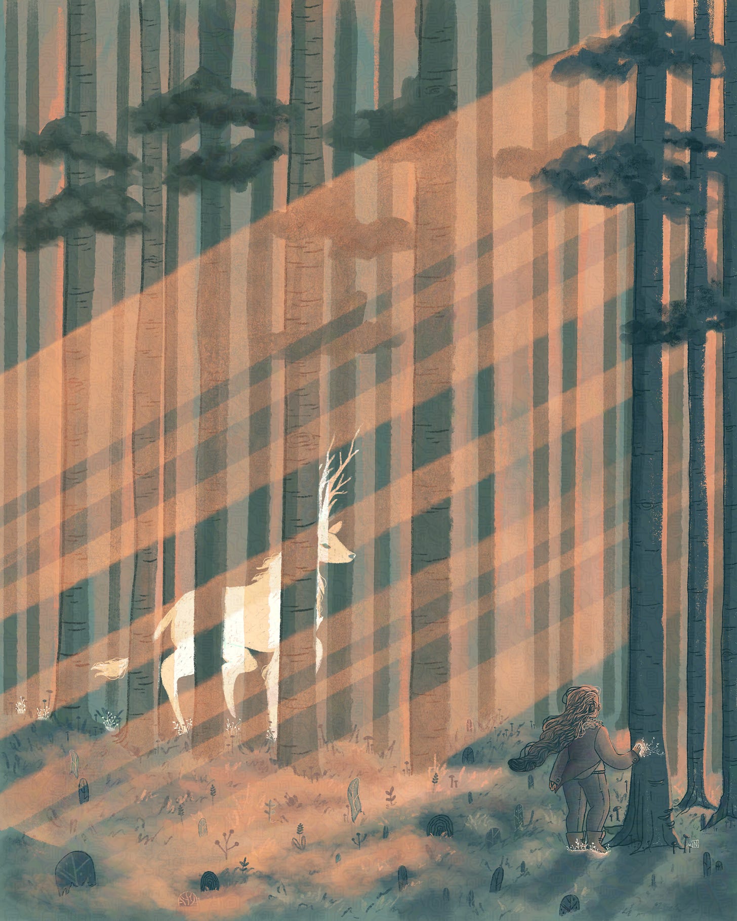 An illustration of a magical white stag and a girl in the forest as the sun sets, both look off in the direction of the setting sun and don't notice each other, both seem to have magic sprouting at their hands and feet. 