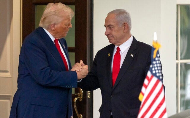 US President Donald Trump, left, shakes hands with Prime Minister Benjamin Netanyahu as he leaves the West Wing of the White House, April 7, 2025, in Washington. (AP Photo/ Mark Schiefelbein) US President Donald Trump, left, shakes hands with Prime Minister Benjamin Netanyahu as he leaves the West Wing of the White House, April 7, 2025, in Washington. (AP Photo/ Mark Schiefelbein)