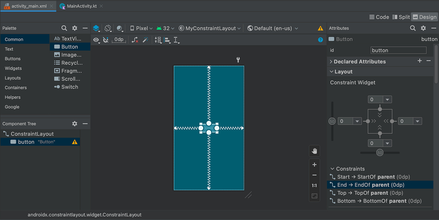 Android Studio design view with constraints