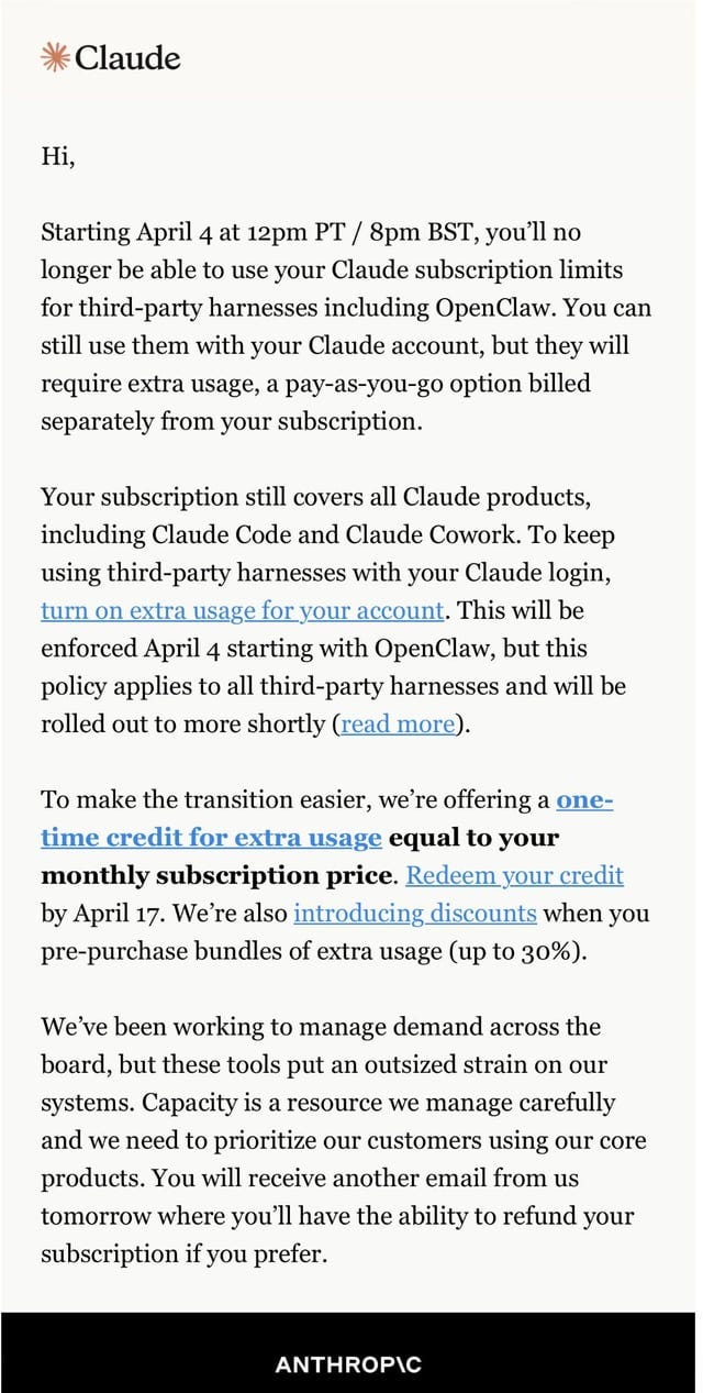 r/ClaudeCode - Anthropic is removing Claude subscription coverage for third party harnesses like OpenClaw starting April 4 r/ClaudeCode - Anthropic is removing Claude subscription coverage for third party harnesses like OpenClaw starting April 4