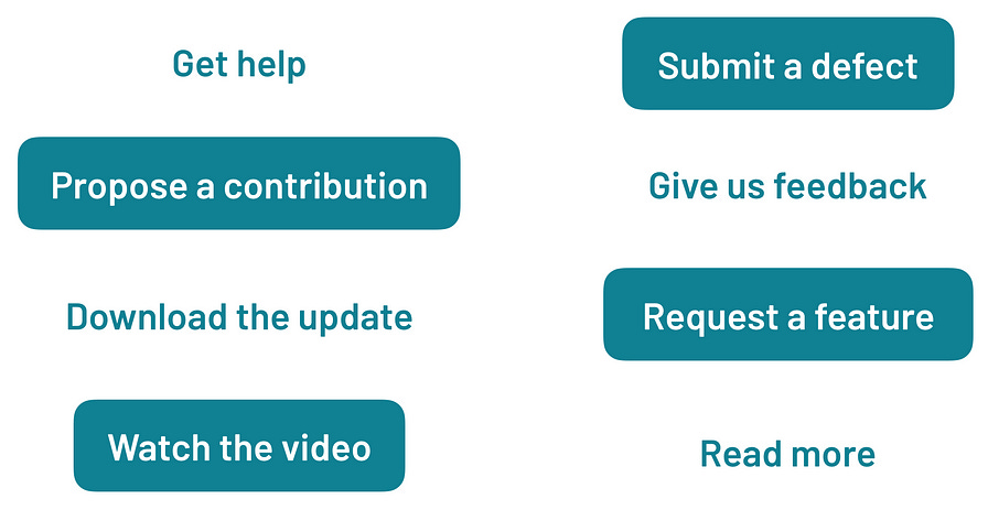 Sample calls to action, such as Get Help or Request a Feature