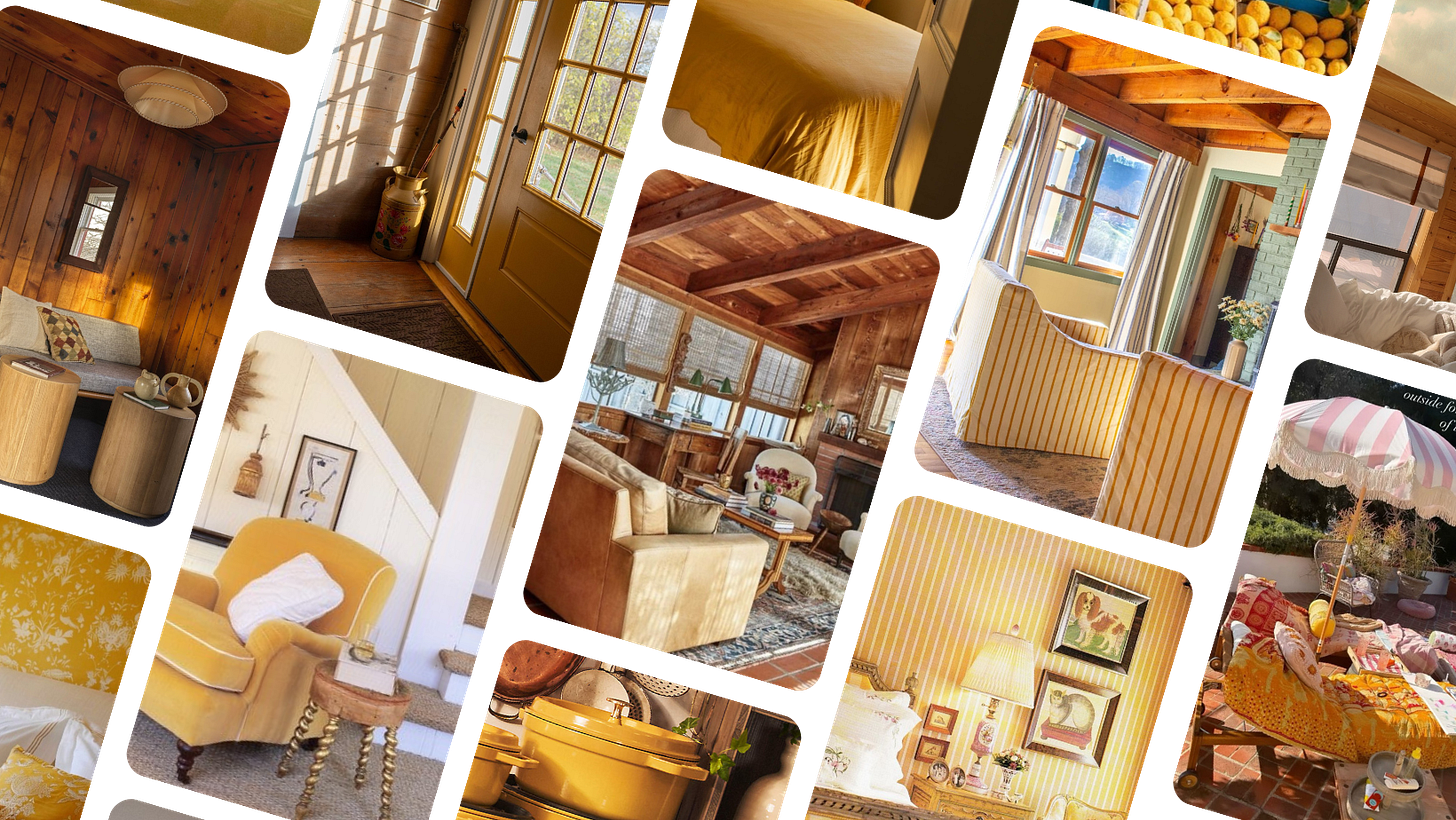 Farrow & Ball, Clare, chaises, amber glass, and the trim color that ties it all together. The warm yellow paint guide — plus furniture, vintage search terms, and the cream trim detail nobody talks about.