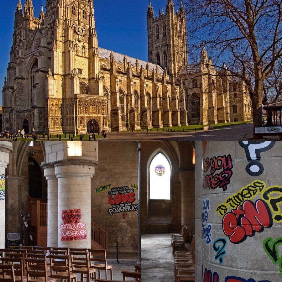 Collage of four images: top left shows exterior of large Gothic cathedral with yellow stone towers and spires under blue sky with bare trees; top right similar view from different angle; bottom left interior arched stone entrance with graffiti reading WHAT WOULD JESUS DO LOVE YOUR NEIGHBOUR and LOVE in colorful spray paint styles on walls and columns, stained glass window visible, wooden chairs in background; bottom right close-up of stone pillar covered in multicolored graffiti including words like LOVE and SIN with question marks.