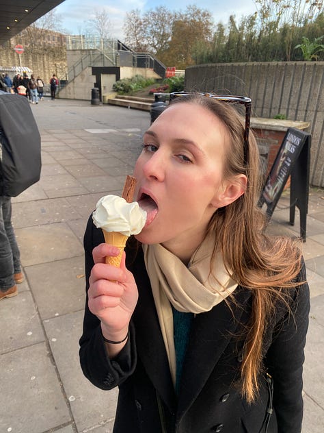 I enjoyed yummy food in London like ice cream cones, cinnamon roles, and good wine.