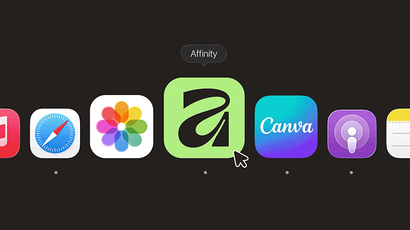 A computer screen shows a row of app icons including Safari, Photos, Affinity, Canva, Podcasts, and Notes. A cursor hovers over the green Affinity icon, highlighting it and displaying its name. A computer screen shows a row of app icons including Safari, Photos, Affinity, Canva, Podcasts, and Notes. A cursor hovers over the green Affinity icon, highlighting it and displaying its name.